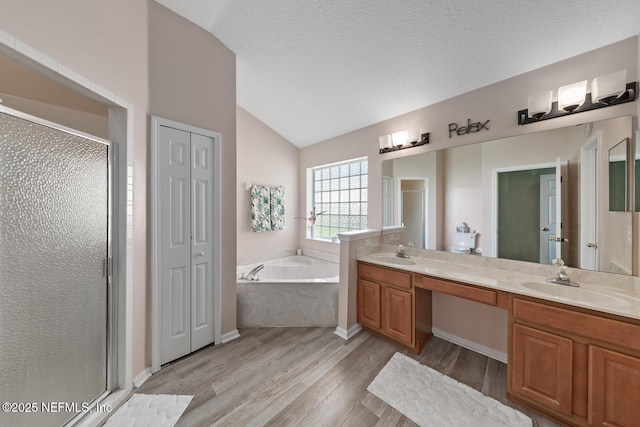 116 Greenfield Dr, Saint Johns, FL 32259 - full bathroom featuring lofted ceiling, wood finished floors, a stall shower, a bath, and double vanity
