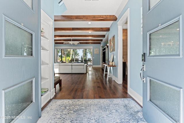 182 N Ridge Dr, Fleming Island, FL 32003 - entrance foyer with beam ceiling, wood finished floors, a ceiling fan, and baseboards