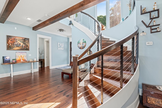 182 N Ridge Dr, Fleming Island, FL 32003 - stairs featuring beam ceiling, wood finished floors, baseboards, and recessed lighting