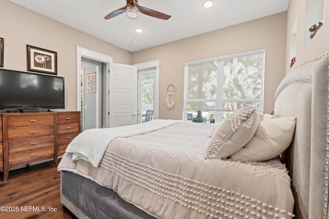 182 N Ridge Dr, Fleming Island, FL 32003 - bedroom with wood finished floors, recessed lighting, a ceiling fan, and access to exterior