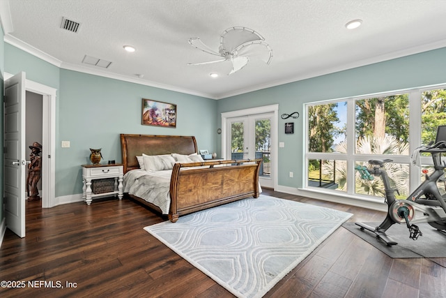 182 N Ridge Dr, Fleming Island, FL 32003 - bedroom with french doors, wood finished floors, crown molding, baseboards, and recessed lighting