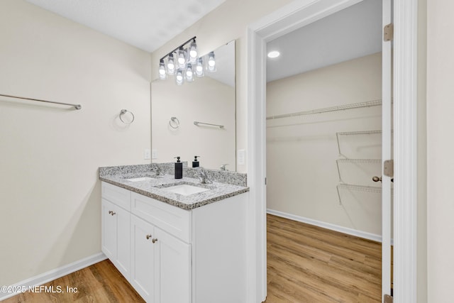 1902 Gillis St, Palatka, FL 32177 - bathroom with wood finished floors, a walk in closet, double vanity, and baseboards