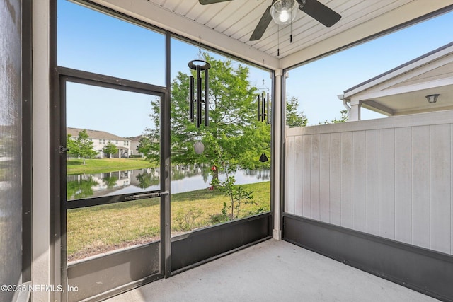 168 Nelson Ln, Saint Johns, FL 32259 - unfurnished sunroom with a water view and ceiling fan