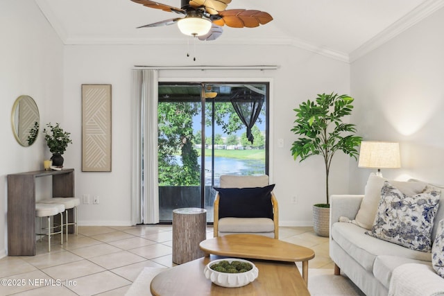 9250 Arbolita Way, Jacksonville, FL 32256 - living area featuring baseboards, light tile patterned floors, a ceiling fan, ornamental molding, and lofted ceiling