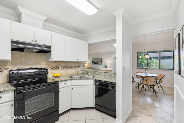 9250 Arbolita Way, Jacksonville, FL 32256 - kitchen with black appliances, under cabinet range hood, a sink, a chandelier, and crown molding