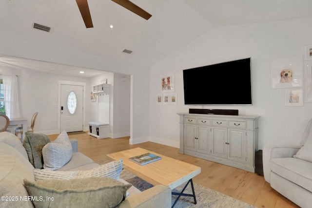 1257 12th St N, Jacksonville Beach, FL 32250 - living room featuring ceiling fan, light wood finished floors, vaulted ceiling, baseboards, and recessed lighting