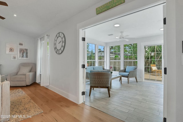 1257 12th St N, Jacksonville Beach, FL 32250 - living area featuring a ceiling fan, light wood finished floors, recessed lighting, baseboards, and vaulted ceiling