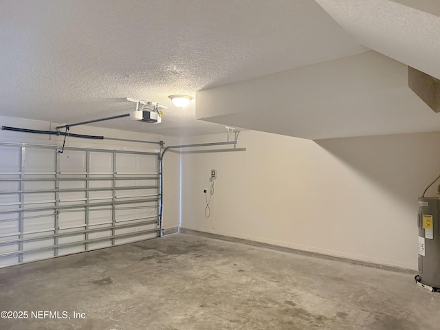 garage featuring a garage door opener, electric water heater, and baseboards
