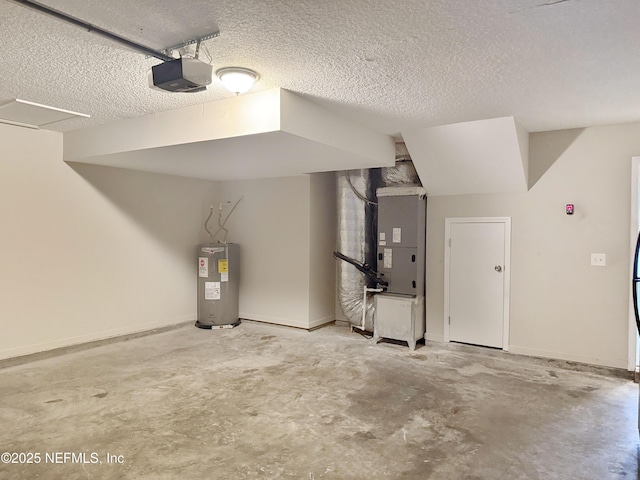 garage with electric water heater, a garage door opener, and heating unit