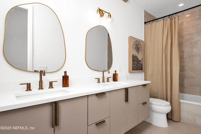 114 12th Ave S Unit 102, Jacksonville Beach, FL 32250 - bathroom with double vanity, tile patterned floors, shower / bathtub combination with curtain, and recessed lighting