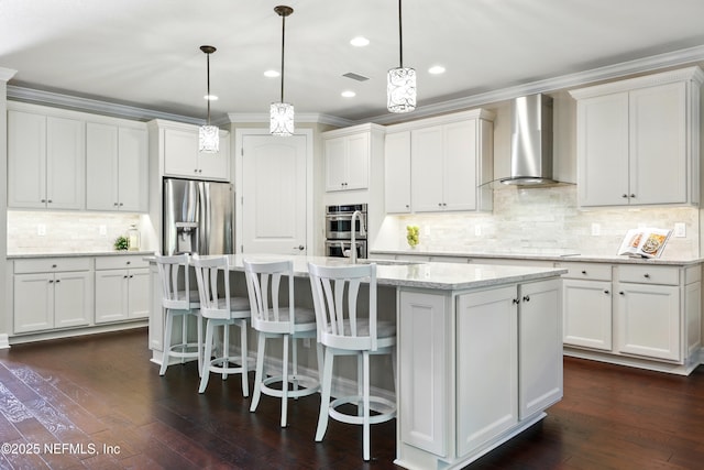 123 Tree Side Ln, Ponte Vedra, FL 32081 - kitchen with wall chimney exhaust hood, stainless steel appliances, backsplash, a kitchen island with sink, and white cabinetry