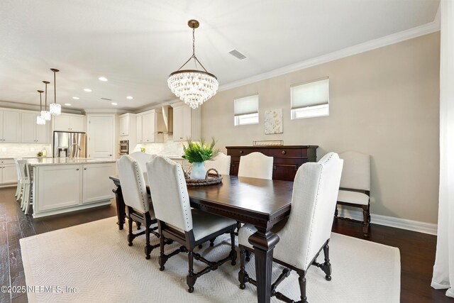 123 Tree Side Ln, Ponte Vedra, FL 32081 - dining area featuring a chandelier, ornamental molding, baseboards, recessed lighting, and dark wood-type flooring