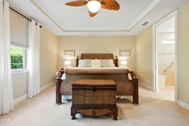 123 Tree Side Ln, Ponte Vedra, FL 32081 - bedroom with carpet flooring, a tray ceiling, ensuite bathroom, ceiling fan, and baseboards