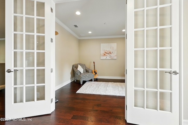 123 Tree Side Ln, Ponte Vedra, FL 32081 - sitting room with crown molding, french doors, dark wood finished floors, baseboards, and recessed lighting