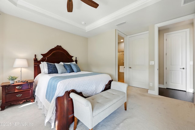 123 Tree Side Ln, Ponte Vedra, FL 32081 - bedroom featuring carpet flooring, crown molding, a raised ceiling, ensuite bathroom, and ceiling fan