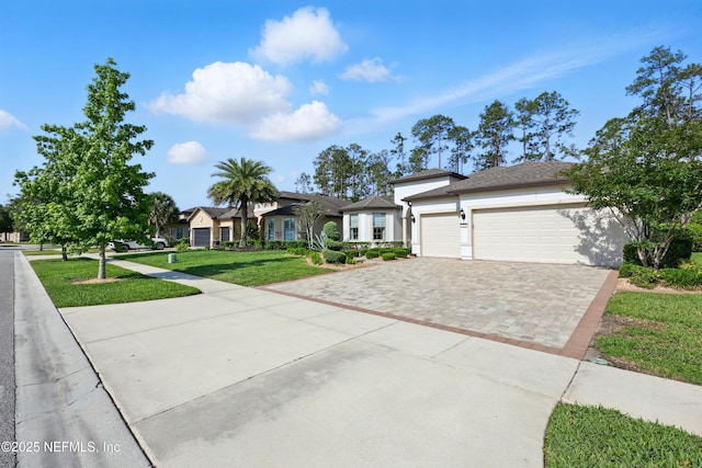 123 Tree Side Ln, Ponte Vedra, FL 32081 - view of front of home with driveway, stucco siding, a front lawn, and an attached garage