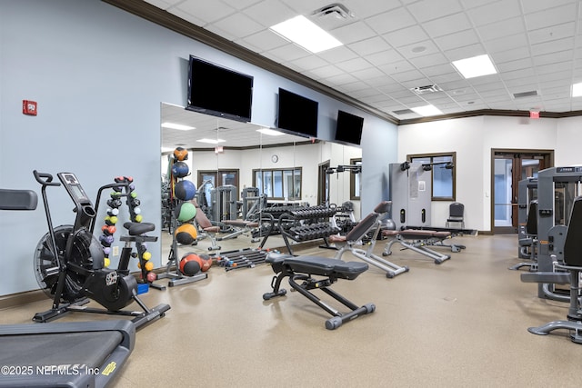 123 Tree Side Ln, Ponte Vedra, FL 32081 - workout area featuring ornamental molding, french doors, and a drop ceiling
