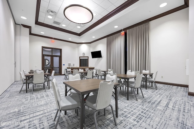 123 Tree Side Ln, Ponte Vedra, FL 32081 - carpeted dining space featuring ornamental molding, a raised ceiling, recessed lighting, baseboards, and a towering ceiling