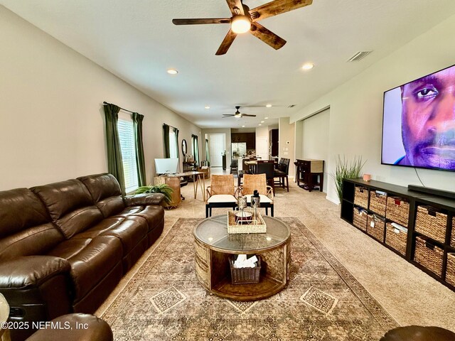 195 Torres Trce, Saint Augustine, FL 32095 - living room with ceiling fan, light colored carpet, and recessed lighting
