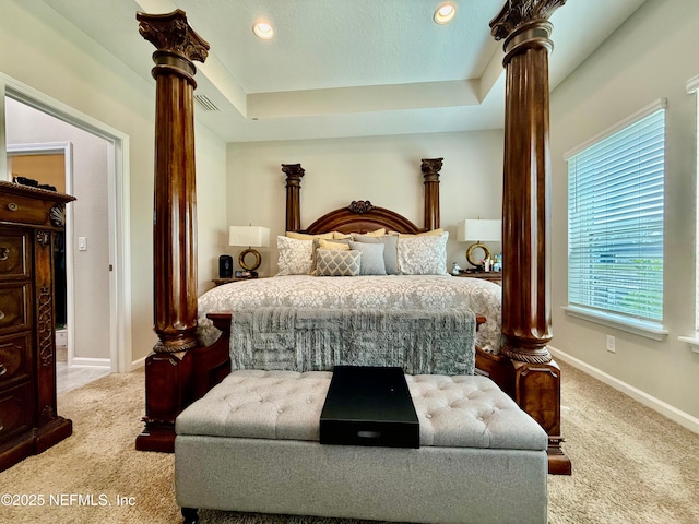 195 Torres Trce, Saint Augustine, FL 32095 - carpeted bedroom with baseboards, ornate columns, recessed lighting, and a raised ceiling