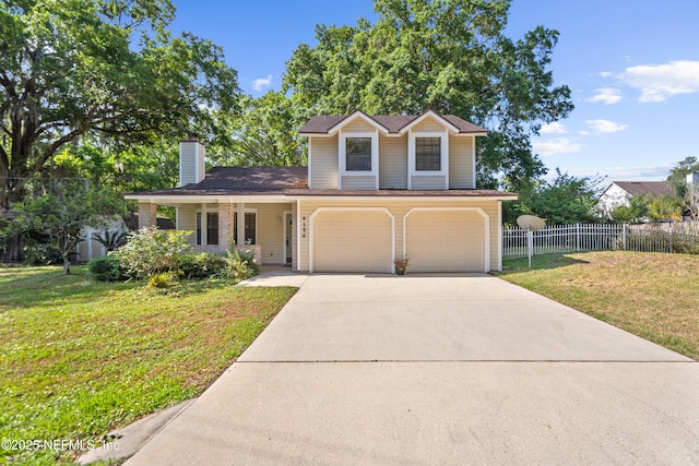 traditional-style home featuring concrete driveway and a chimney