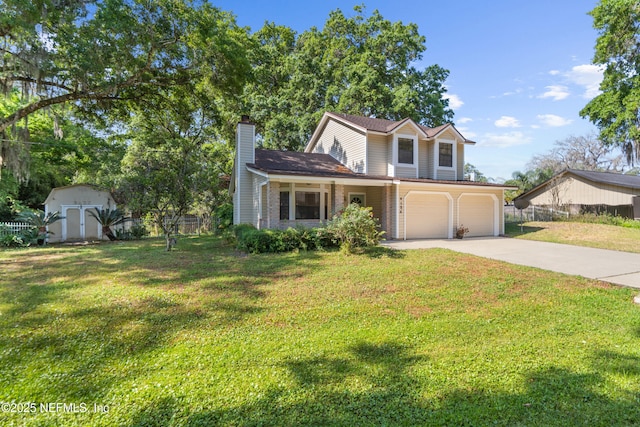 traditional-style home featuring a chimney, a storage shed, driveway, an outbuilding, and an attached garage