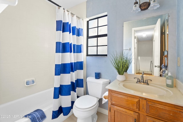 bathroom featuring toilet, vanity, shower / bathtub combination with curtain, and tile patterned flooring