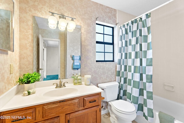 full bathroom with toilet, vanity, shower / bathtub combination with curtain, and wallpapered walls
