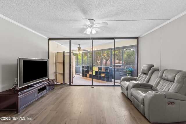 1071 Edgewood Ave S Unit 206, Jacksonville, FL 32205 - living area with expansive windows, crown molding, a ceiling fan, a textured ceiling, and wood finished floors