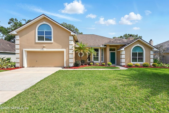 364 Maplewood Dr, Saint Johns, FL 32259 - view of front of home with stucco siding, driveway, a garage, a front lawn, and a shingled roof