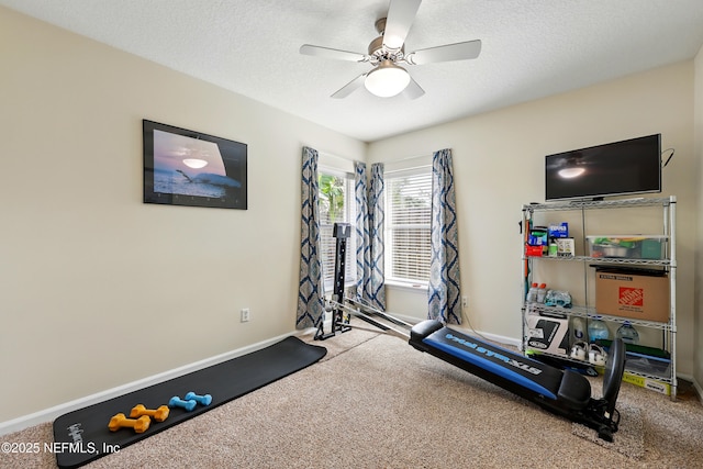 364 Maplewood Dr, Saint Johns, FL 32259 - workout area with a ceiling fan, carpet, a textured ceiling, and baseboards