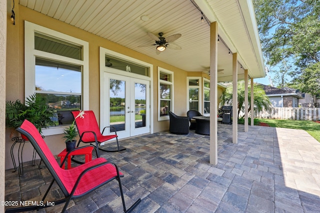 364 Maplewood Dr, Saint Johns, FL 32259 - view of patio / terrace featuring french doors, fence, ceiling fan, a water view, and area for grilling