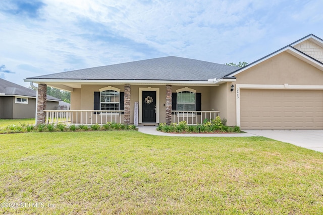 2443 Royal Pointe Dr, Green Cove Springs, FL 32043 - ranch-style house featuring covered porch, stucco siding, a garage, concrete driveway, and a front yard