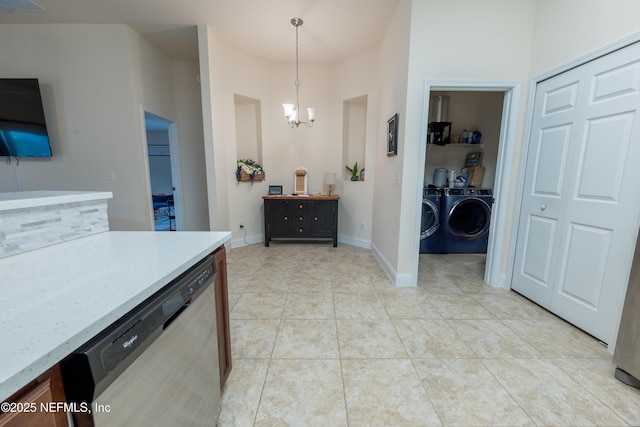2443 Royal Pointe Dr, Green Cove Springs, FL 32043 - kitchen with dishwasher, washer and dryer, a chandelier, light tile patterned flooring, and light stone counters