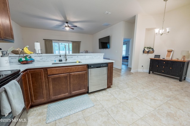 2443 Royal Pointe Dr, Green Cove Springs, FL 32043 - kitchen featuring stainless steel dishwasher, a sink, electric range, a peninsula, and ceiling fan