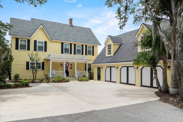 195 S Roscoe Blvd, Ponte Vedra Beach, FL 32082 - view of front of property with covered porch, concrete driveway, a chimney, and a shingled roof