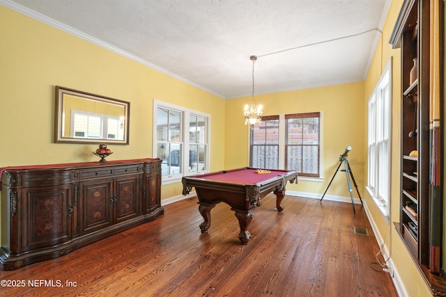 195 S Roscoe Blvd, Ponte Vedra Beach, FL 32082 - rec room featuring dark wood finished floors, baseboards, billiards, crown molding, and healthy amount of natural light