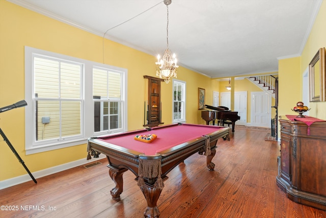 195 S Roscoe Blvd, Ponte Vedra Beach, FL 32082 - rec room featuring ornamental molding, billiards, wood finished floors, baseboards, and a chandelier