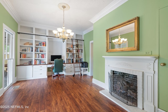 195 S Roscoe Blvd, Ponte Vedra Beach, FL 32082 - office with a chandelier, crown molding, wood finished floors, a brick fireplace, and baseboards