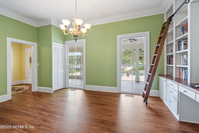 195 S Roscoe Blvd, Ponte Vedra Beach, FL 32082 - unfurnished dining area with a chandelier, crown molding, dark wood-style floors, baseboards, and a desk