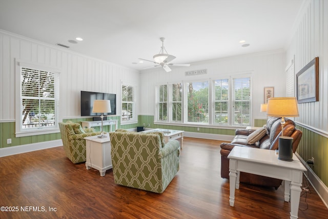 195 S Roscoe Blvd, Ponte Vedra Beach, FL 32082 - living room featuring crown molding, dark wood-style floors, healthy amount of natural light, a ceiling fan, and baseboards
