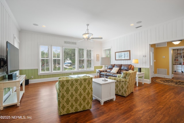 195 S Roscoe Blvd, Ponte Vedra Beach, FL 32082 - living area featuring ornamental molding, dark wood-type flooring, a ceiling fan, and baseboards
