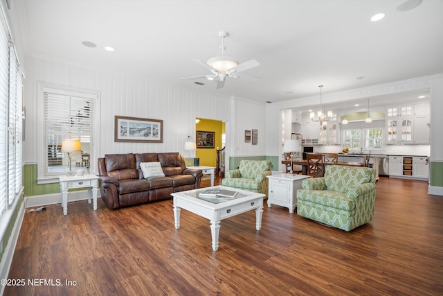 195 S Roscoe Blvd, Ponte Vedra Beach, FL 32082 - living room featuring ornamental molding, dark wood finished floors, ceiling fan, a chandelier, and recessed lighting