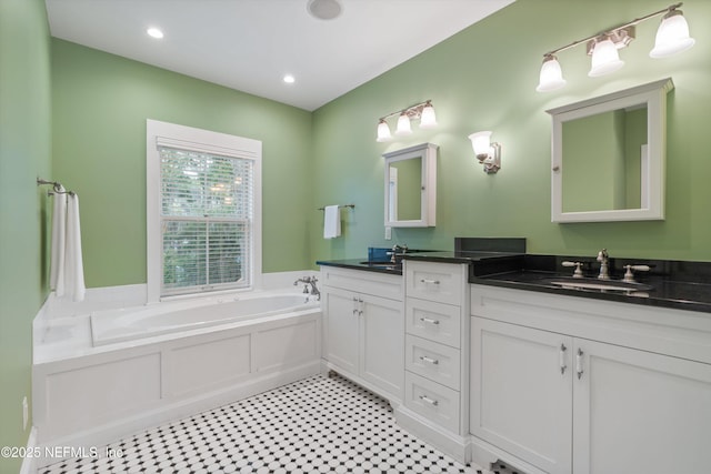 195 S Roscoe Blvd, Ponte Vedra Beach, FL 32082 - bathroom with double vanity, a bath, recessed lighting, and tile patterned floors