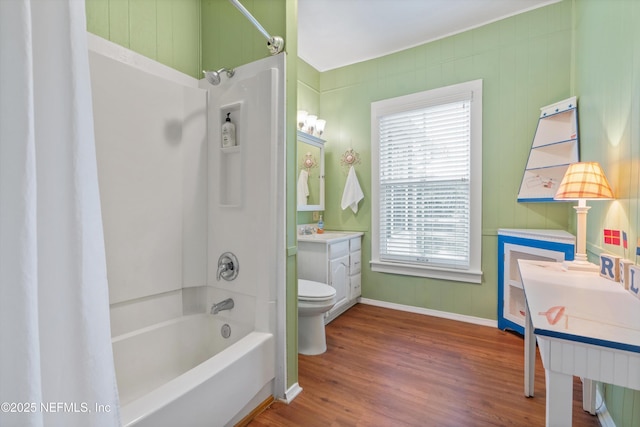 195 S Roscoe Blvd, Ponte Vedra Beach, FL 32082 - bathroom featuring shower / bath combo, toilet, wood finished floors, vanity, and baseboards