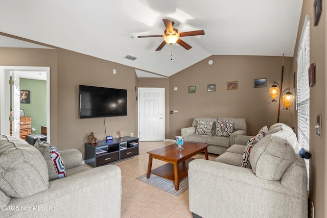 1655 The Greens Way Unit 2432, Jacksonville Beach, FL 32250 - living room with ceiling fan, light tile patterned flooring, vaulted ceiling, and baseboards