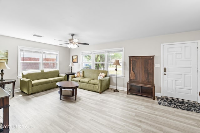 7315 Wonder Ln, Jacksonville, FL 32244 - living room with a ceiling fan, light wood-style floors, and baseboards