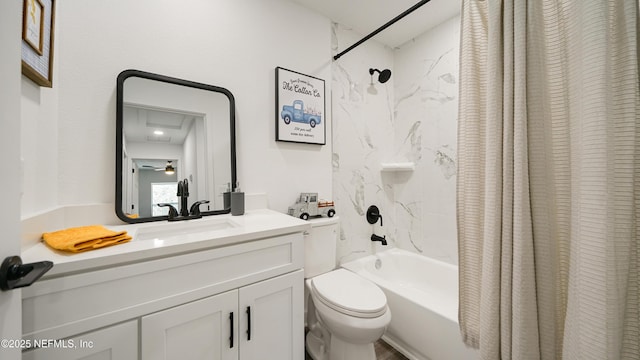 bathroom featuring toilet, shower / bathtub combination with curtain, and vanity