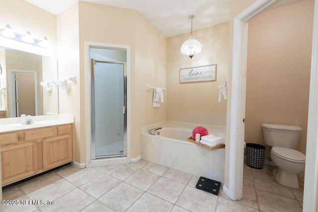 2543 Willow Creek Dr, Fleming Island, FL 32003 - bathroom with a shower stall, vanity, tile patterned floors, a garden tub, and toilet