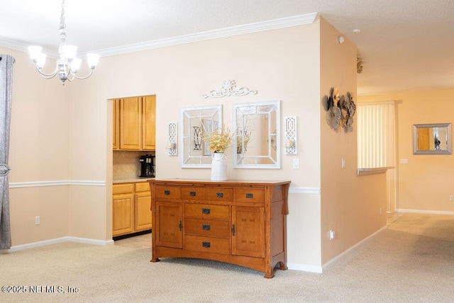 2543 Willow Creek Dr, Fleming Island, FL 32003 - hall featuring a chandelier, light colored carpet, crown molding, and baseboards